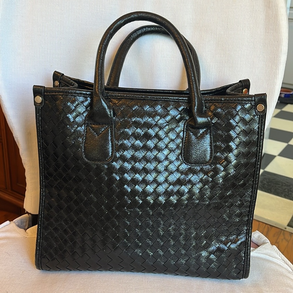 Woven Tote - Black Handbag - Intrecciato Design Vegan Leather
